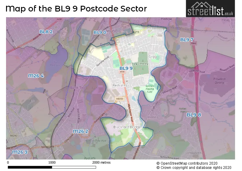Map of the BL9 9 and surrounding postcode sector
