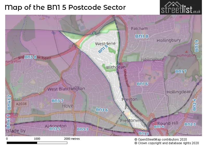 Map of the BN1 5 and surrounding postcode sector