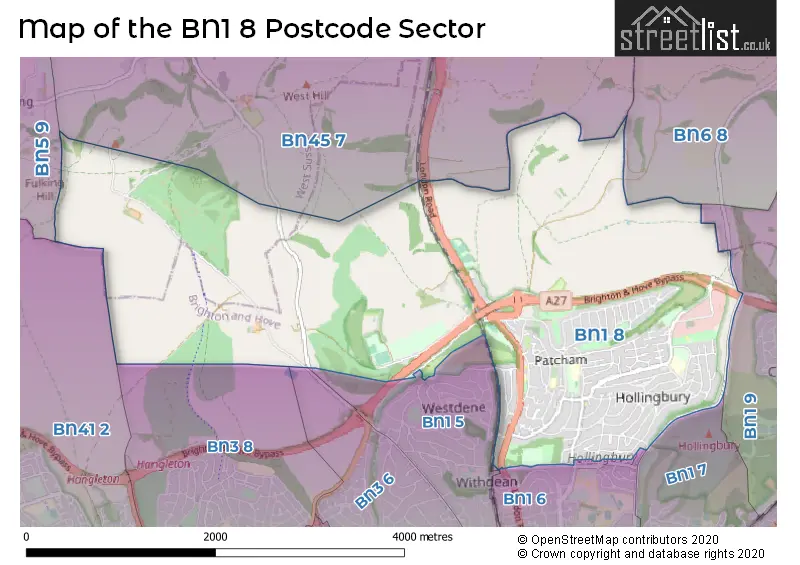 Map of the BN1 8 and surrounding postcode sector