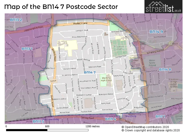 Map of the BN14 7 and surrounding postcode sector