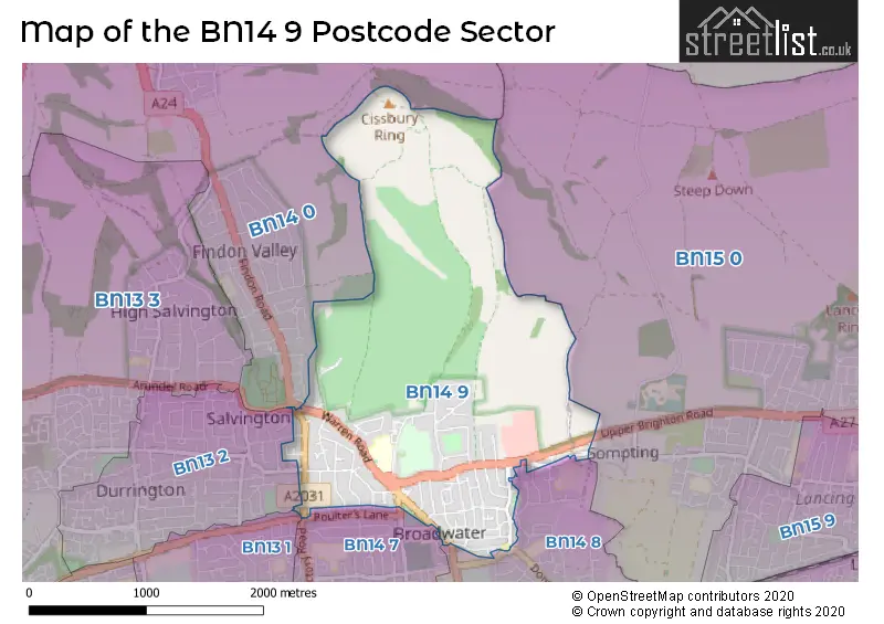 Map of the BN14 9 and surrounding postcode sector