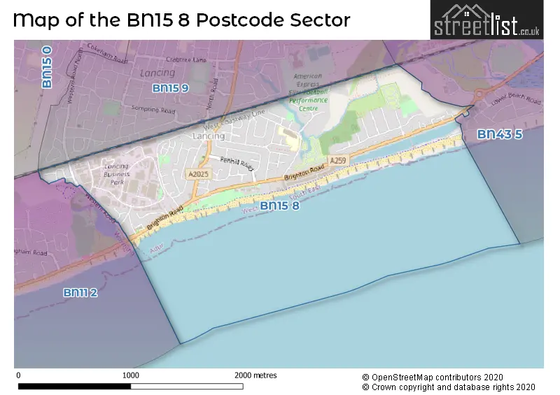 Map of the BN15 8 and surrounding postcode sector