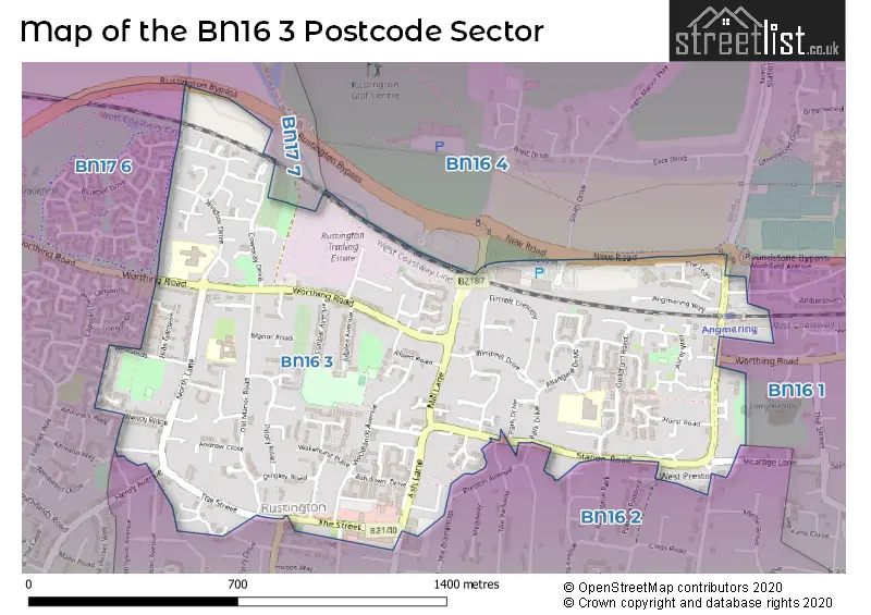 Map of the BN16 3 and surrounding postcode sector