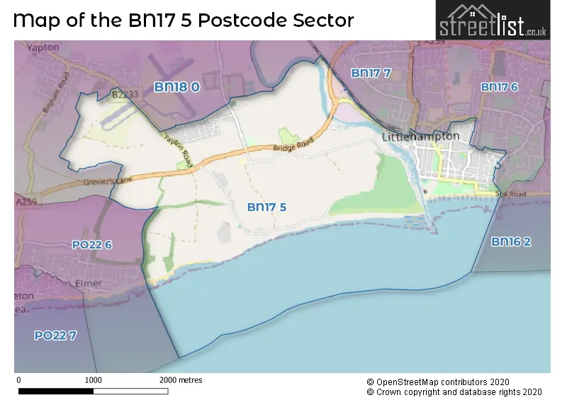 Map of the BN17 5 and surrounding postcode sector