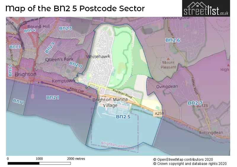 Map of the BN2 5 and surrounding postcode sector