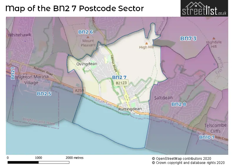 Map of the BN2 7 and surrounding postcode sector