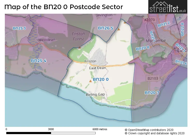 Map of the BN20 0 and surrounding postcode sector