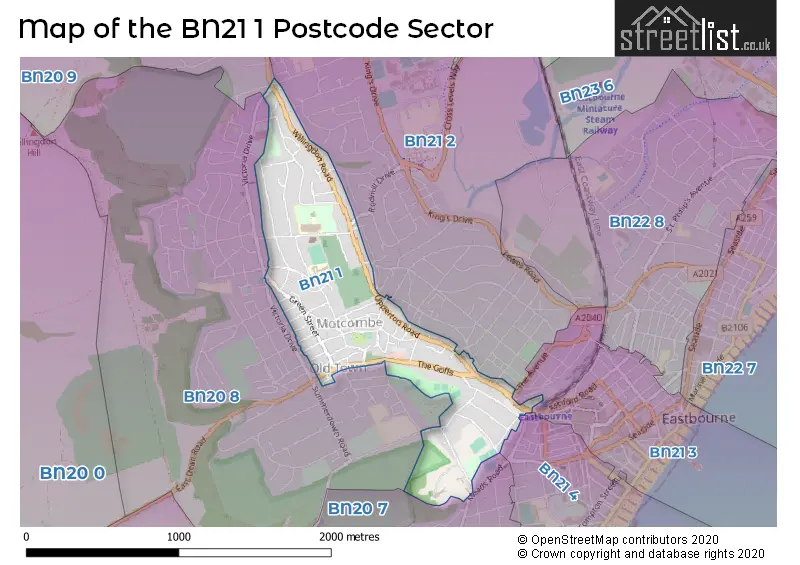 Map of the BN21 1 and surrounding postcode sector