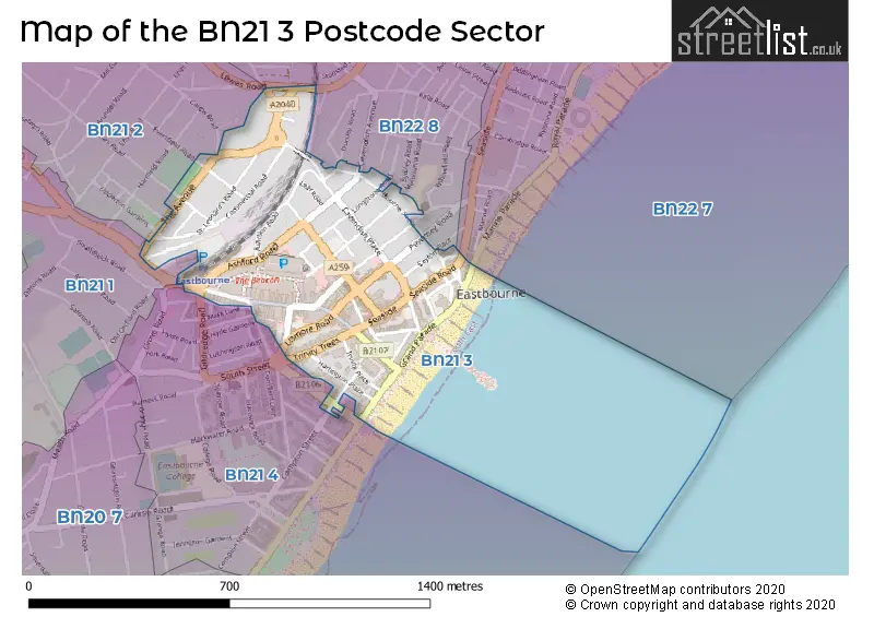 Map of the BN21 3 and surrounding postcode sector