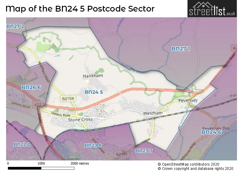 Map of the BN24 5 and surrounding postcode sector