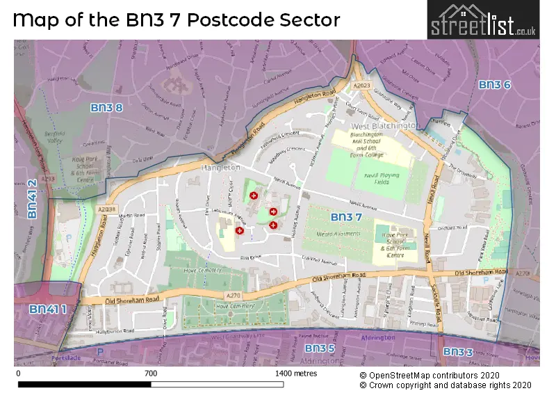 Map of the BN3 7 and surrounding postcode sector