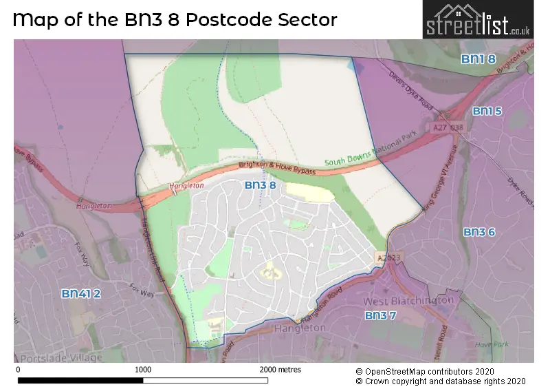 Map of the BN3 8 and surrounding postcode sector