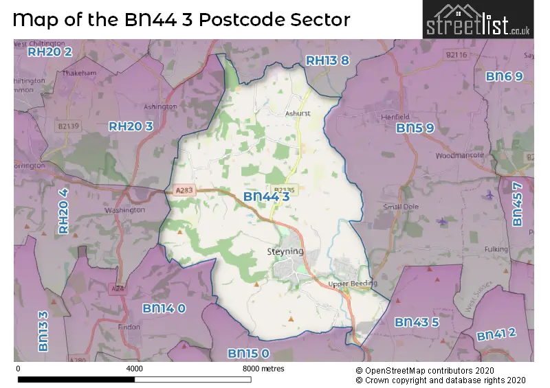 Map of the BN44 3 and surrounding postcode sector