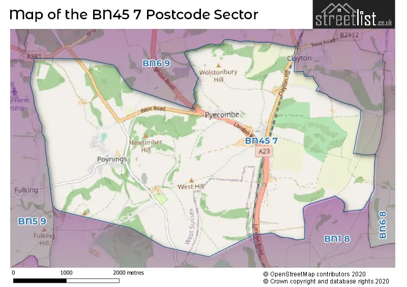 Map of the BN45 7 and surrounding postcode sector