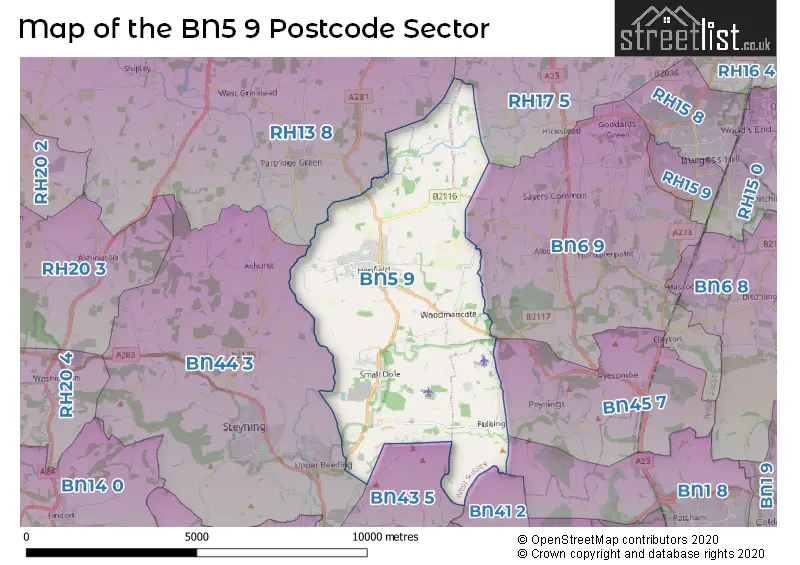 Map of the BN5 9 and surrounding postcode sector