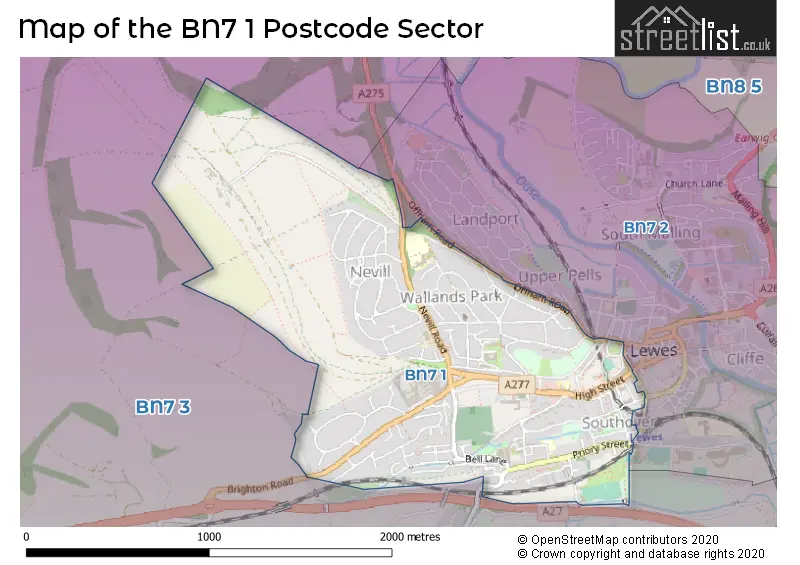 Map of the BN7 1 and surrounding postcode sector