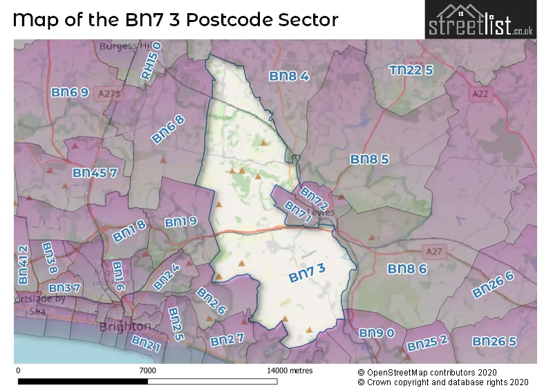 Map of the BN7 3 and surrounding postcode sector