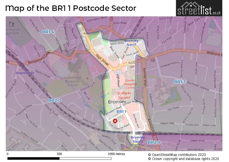 Map of the BR1 1 and surrounding postcode sector