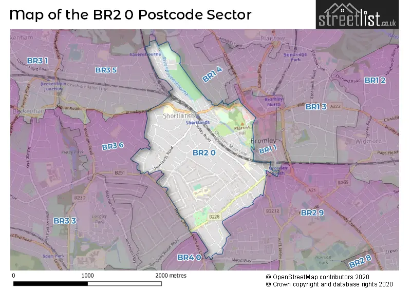 Map of the BR2 0 and surrounding postcode sector
