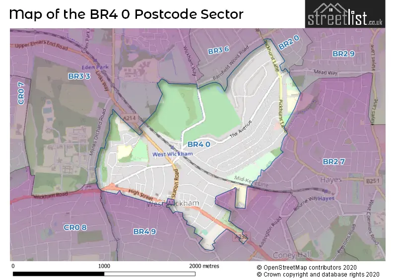 Map of the BR4 0 and surrounding postcode sector