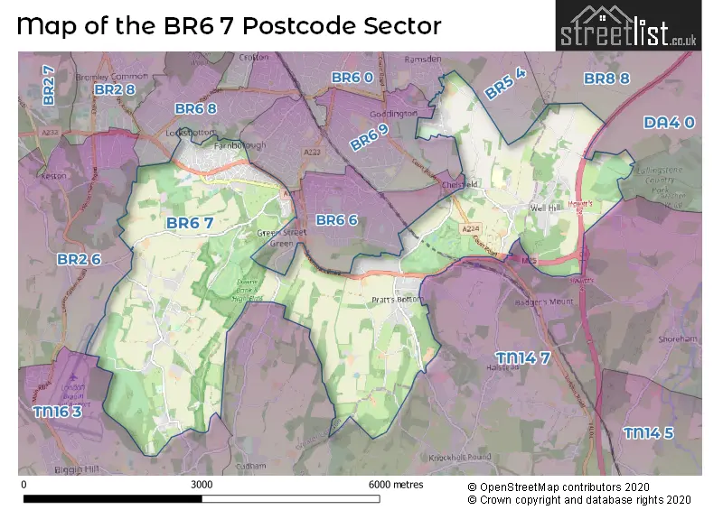 Map of the BR6 7 and surrounding postcode sector