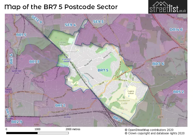 Map of the BR7 5 and surrounding postcode sector