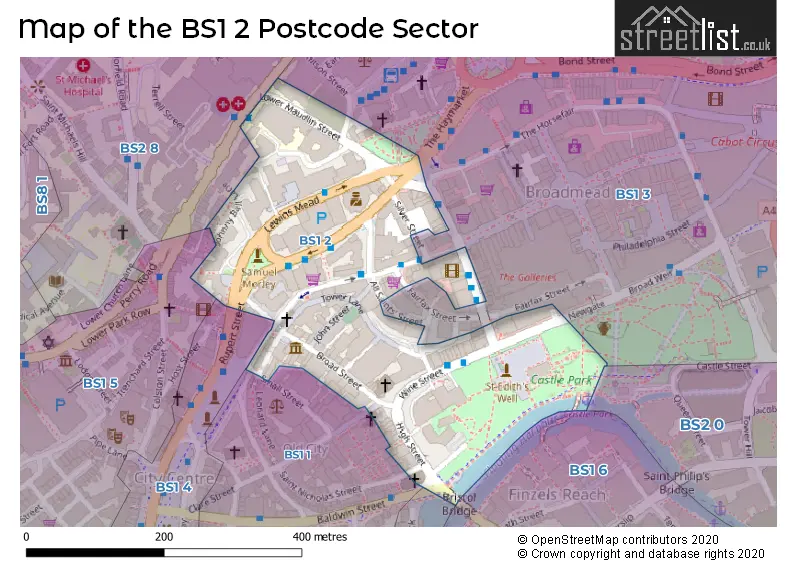 Map of the BS1 2 and surrounding postcode sector