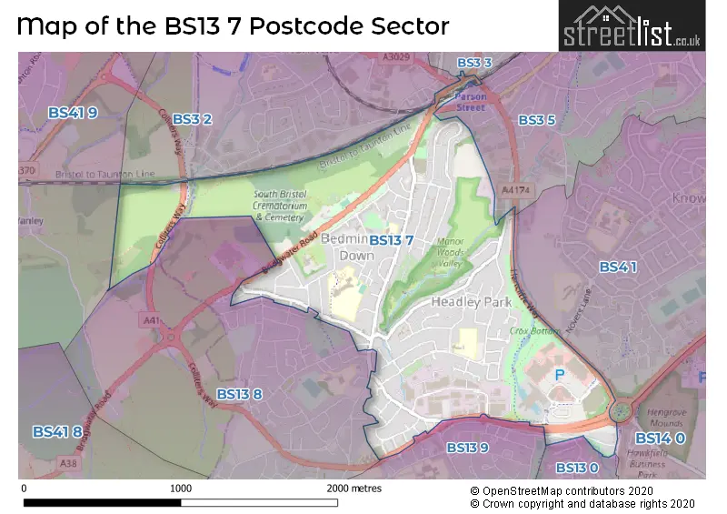 Map of the BS13 7 and surrounding postcode sector