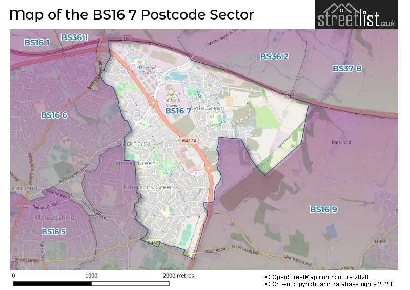 Map of the BS16 7 and surrounding postcode sector