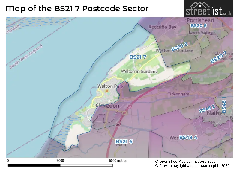 Map of the BS21 7 and surrounding postcode sector