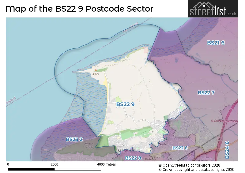 Map of the BS22 9 and surrounding postcode sector