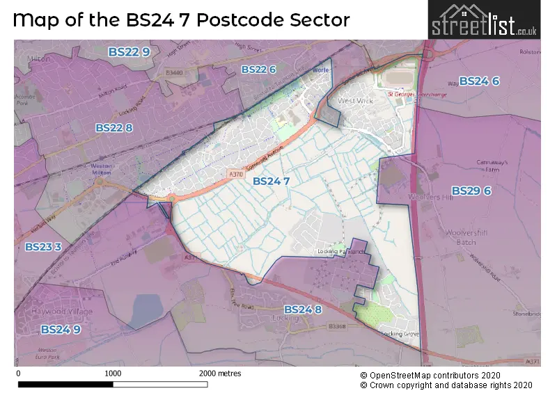 Map of the BS24 7 and surrounding postcode sector