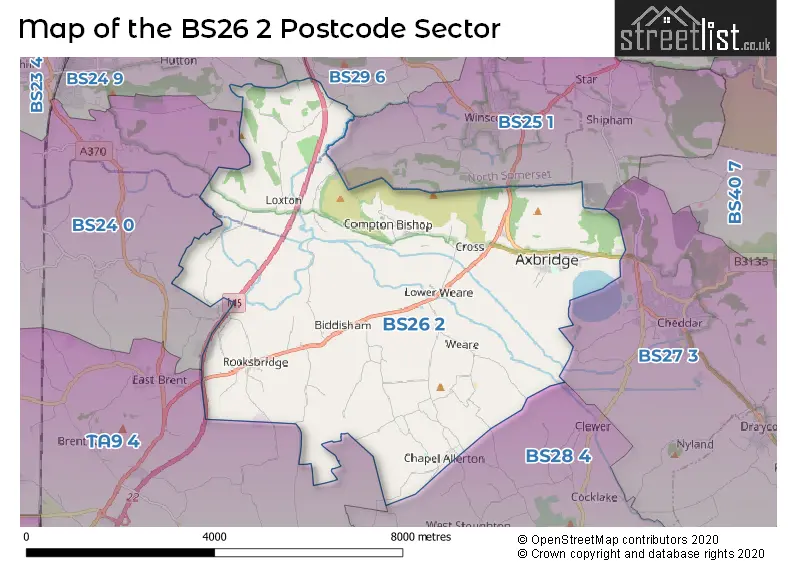 Map of the BS26 2 and surrounding postcode sector