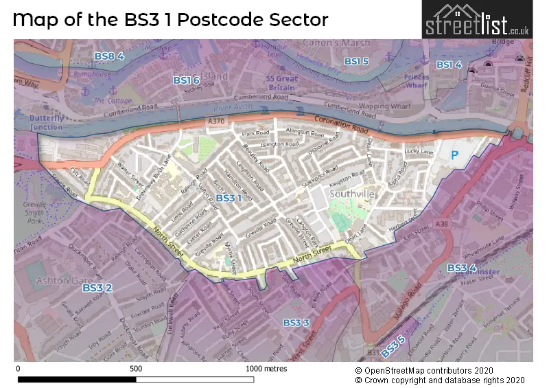 Map of the BS3 1 and surrounding postcode sector