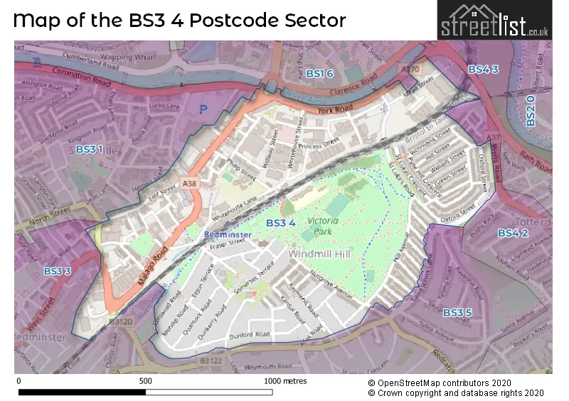 Map of the BS3 4 and surrounding postcode sector