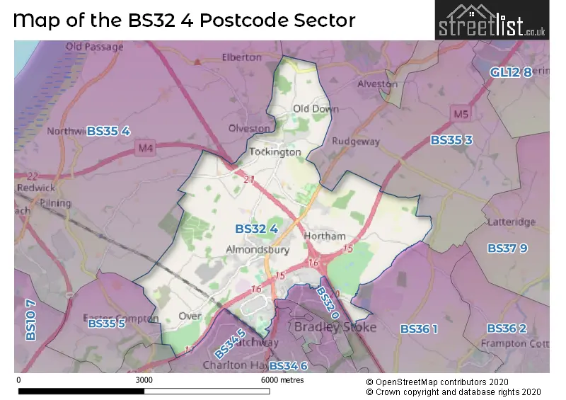 Map of the BS32 4 and surrounding postcode sector