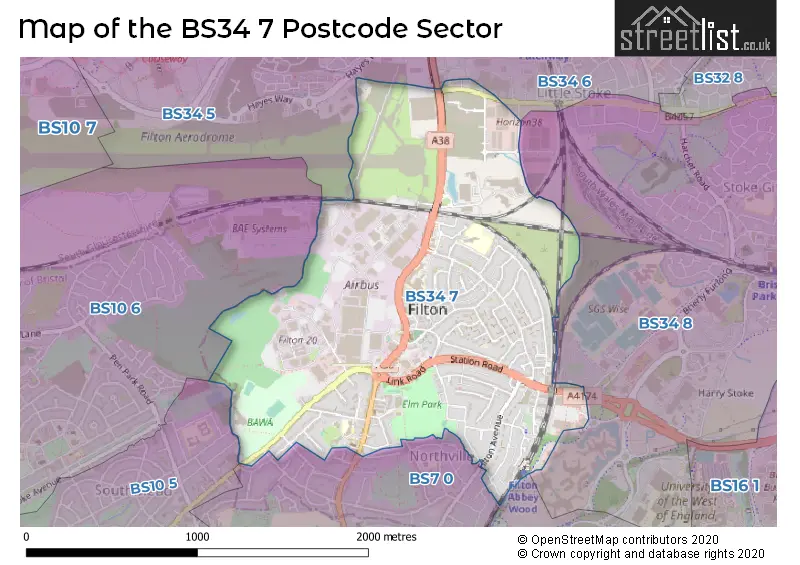 Map of the BS34 7 and surrounding postcode sector