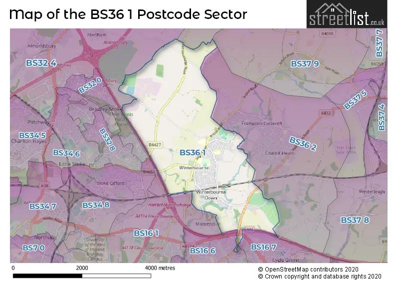 Map of the BS36 1 and surrounding postcode sector