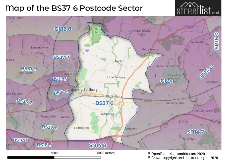 Map of the BS37 6 and surrounding postcode sector