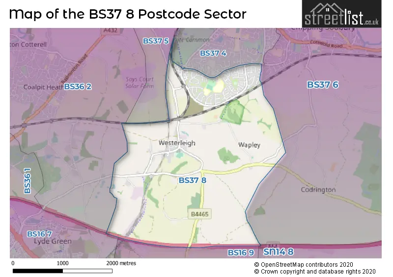 Map of the BS37 8 and surrounding postcode sector