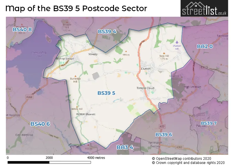 Map of the BS39 5 and surrounding postcode sector