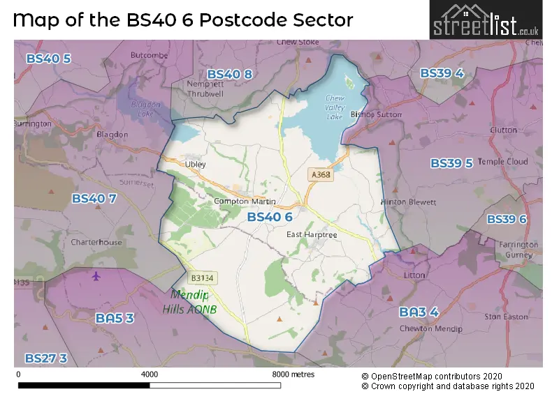 Map of the BS40 6 and surrounding postcode sector