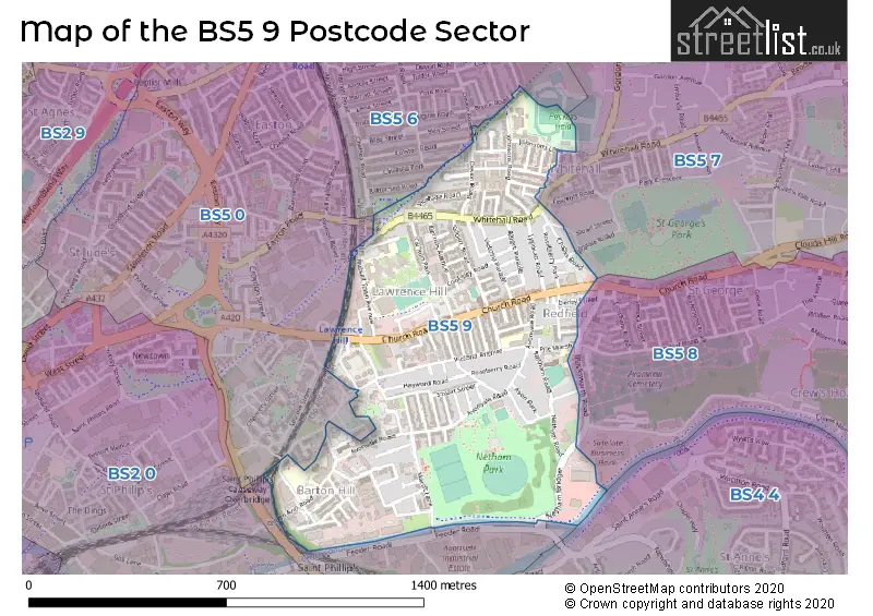 Map of the BS5 9 and surrounding postcode sector