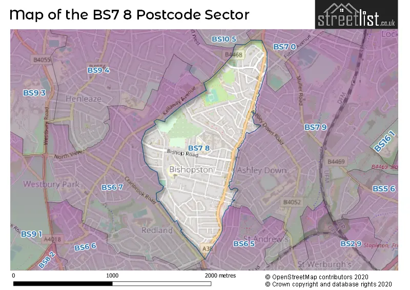 Map of the BS7 8 and surrounding postcode sector