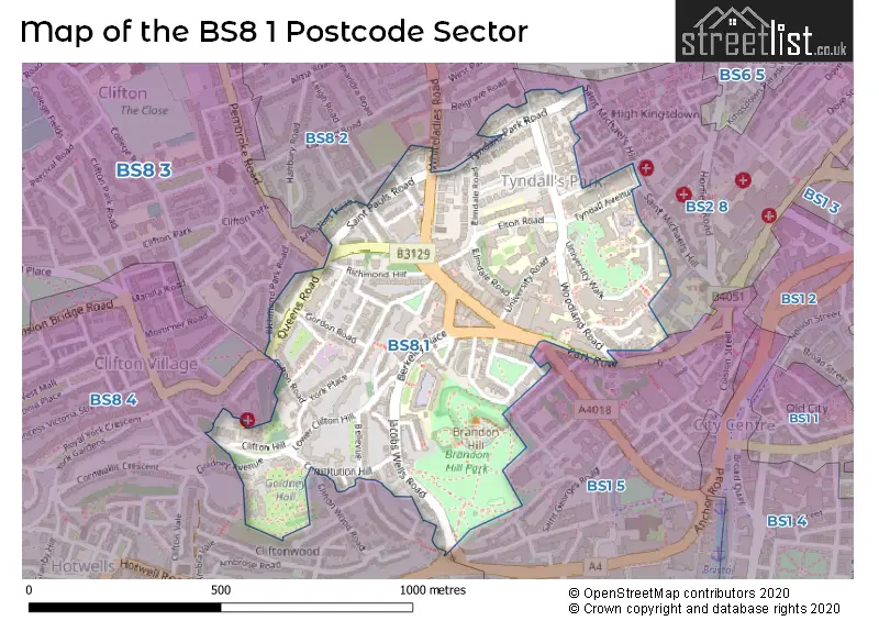 Map of the BS8 1 and surrounding postcode sector