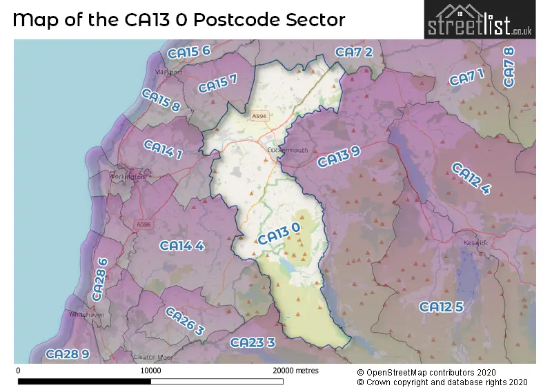 Map of the CA13 0 and surrounding postcode sector