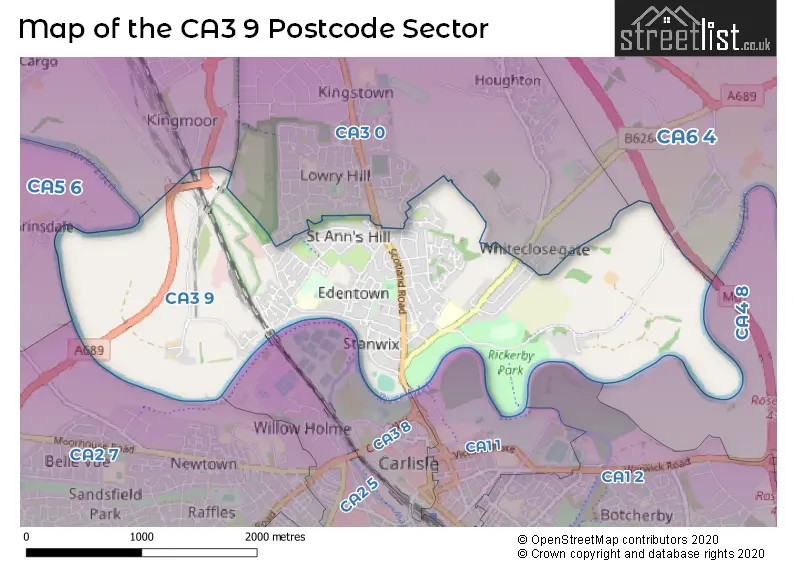 Map of the CA3 9 and surrounding postcode sector