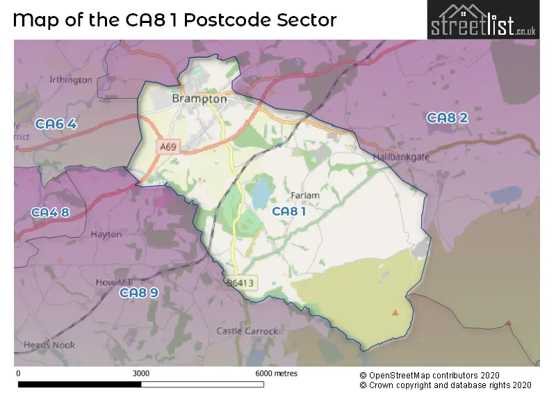 Map of the CA8 1 and surrounding postcode sector