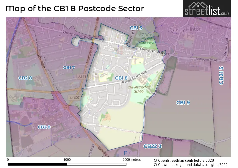 Map of the CB1 8 and surrounding postcode sector