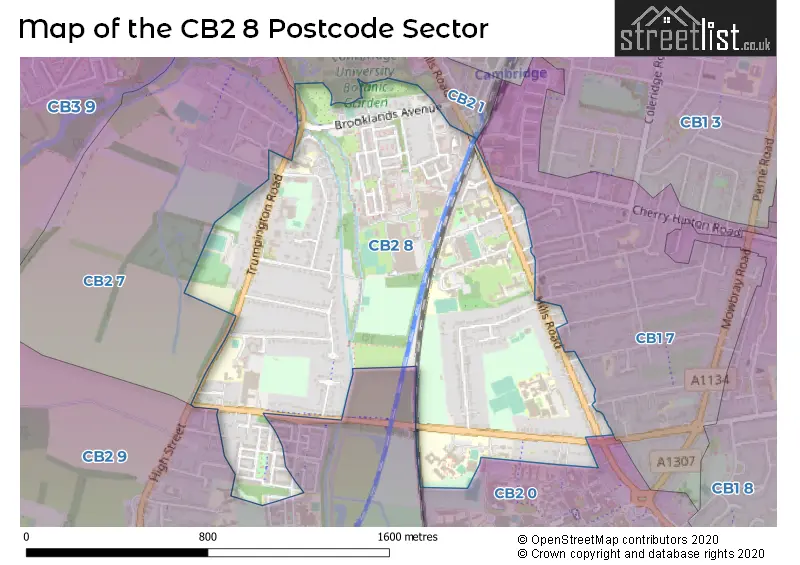 Map of the CB2 8 and surrounding postcode sector